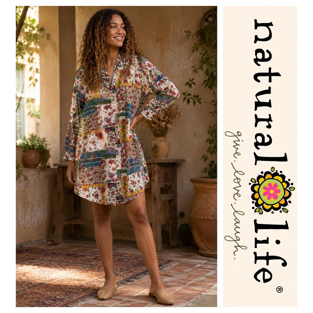 Natural Life Floral Patchwork Long Sleeve Button Down Boho Shirt Dress L